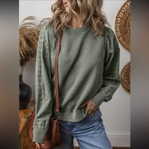 Olive Green Eyelet Sleeve Knit Sweater